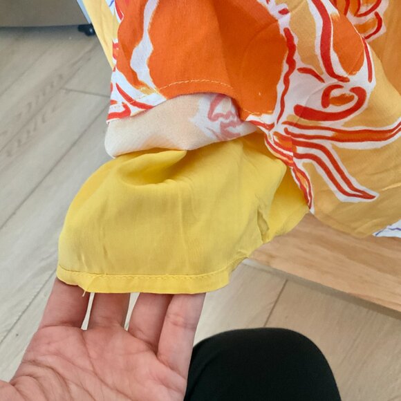 🦀 SABO Aliza Assymmetrical Cut-Out Fit and Flare Maxi Dress Ciao Yellow Print S - Picture 11 of 16